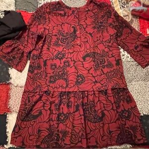 LOFT Burgundy and Black Floral Patterned X Large Dress